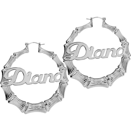 Bamboo Name Earrings Gold Plated Personalized Custom Name Hoop Earrings Stainless Steel Gold For Women Hip Hop 2021 Jewelry Gift
