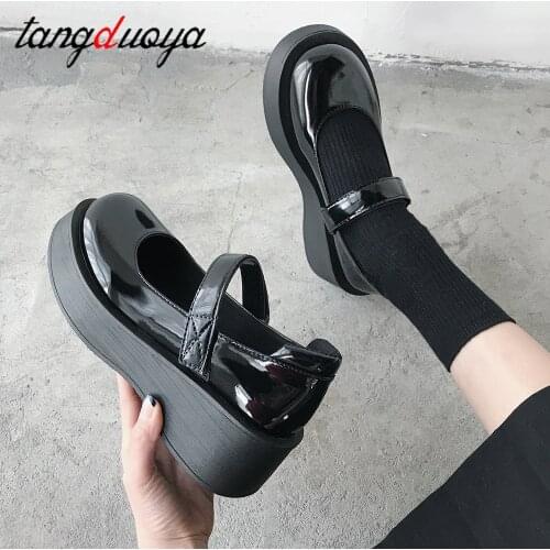 2021 New Black High Heels Shoes Women Pumps Fashion Patent Leather Platform Shoes Woman Round Toe Mary Jane Shoes Mujer