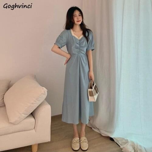 Dress Women Elegant Princess Prairie Chic Blue Solid Sweet Long Back Bandage Square Collar Popular Retro Girls Clothing Mid-calf