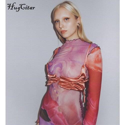 Hugcitar 2020 Long Sleeve Vintage Print Mesh See-Through Sexy Maxi Dress With Camis Autumn Winter Women Streetwear Party Wear