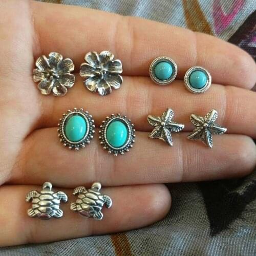 10 Pcs/Set Women Stud Earrings Vintage Carved Tortoise Star Crystal Silver Color Stud Earring Set Female Wedding Party Jewelry s