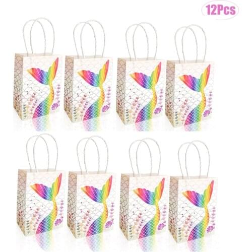 12 Pcs Mermaid Gift Paper Bag With Handle Gift Bag Cookie Packaging Party Supplies Decor Birthday Party Favors Bags Boxes