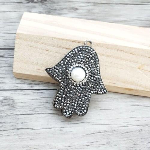 2 Pieces Alloy palm with natural pearl Hamsa Hand pendants pave rhinestone crystal charm,women Jewelry DIY necklace making PD839