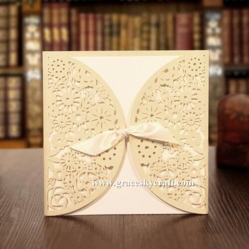 30pcs free shipping laser cut lace flowers design pearl paper wedding invitation cards with inner blank paper party invitation