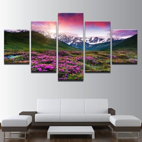 5 Pcs Unframe Landscape Purple Flower Mountain HD Wall Picture Decorative Oil Painting On Canvas Home Decoration For Living Room