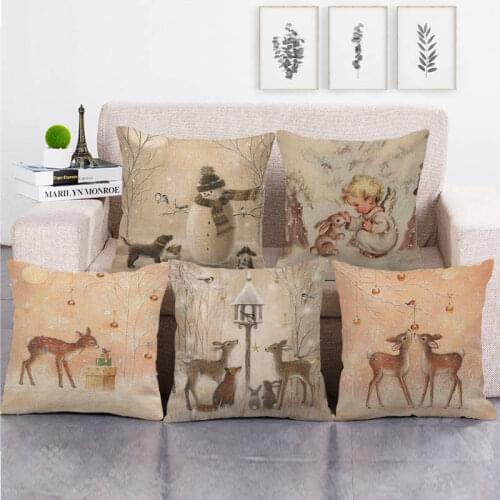 Linen Cushion Cover Deer Rabbits with Snowan Decorative Pillow Cases 45x45cm for Living Room Sofa Couch Home Christmas Decor