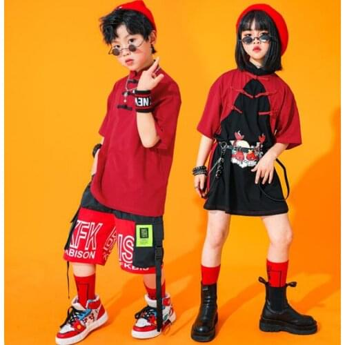 Kids Concert Hip Hop Stage Clothing Chinese Style Dress Tshirt Shorts Streetwear for Girls Boys Jazz Dance Costume Show Outfits