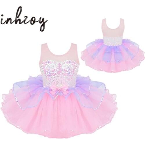 3-8 Y Kids Girls Dance Wear Shiny Sequins Mesh Splice Ballet Gymnastics Ballerina Leotard Tutu Dress Stage Performance Clothing