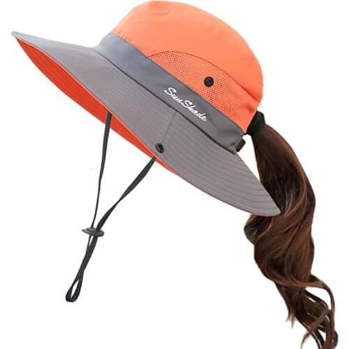 Womens Summer Mesh Wide Brim Sun UV Protection Hat with Ponytail Hole