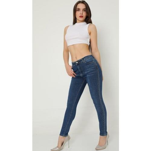 Woman, Jeans, Deep Blue, Normal Waist, Slim Fit, Lycra, Flexible, Shiny Scattered Stones, Sequined, Full Length, Cotton Denim