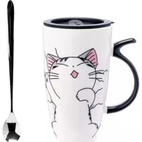 Cartoon cat coffee mug caneca gato ceramic large capacity with cover spoon water mug