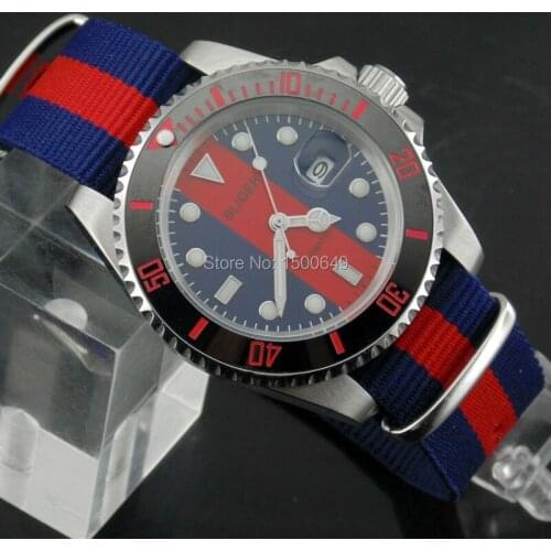 BLIGER 40mm black Ceramic Bezel sapphire glass blue-red dial automatic Date Day mens watches