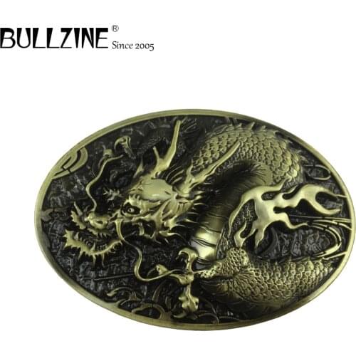 Bullzine dragon cowboy jeans gift mens belt buckle with antique brass finish 03695-1 for 4cm width snap on belt drop shipping