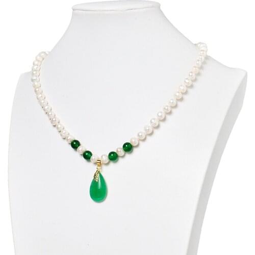 Natural Size For 8-9mm White Pearls and Green Beads with 15*25*6mm Green Droplet Shape Pendant Fit Diy Necklace 18inch H499