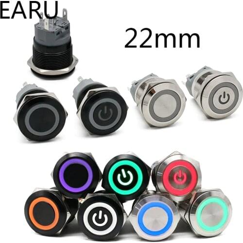 22mm New Waterproof Metal Push Button Switch LED Light Black Momentary Latching Car Engine PC Power Switch 3-380V Red Blue Green