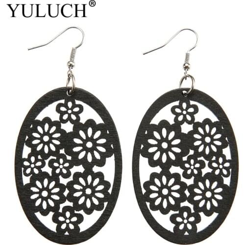 YULUCH NEW Natural Wood earrings Drop Retro Flower Earring Trendy Black Hollow Design Jewelry For Party Gift Earrings for Women