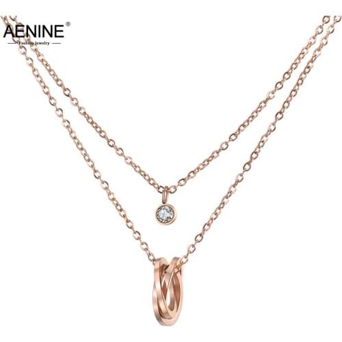 AENINE Trendy Double Layers Stainless Steel Pendant Necklaces Rose Gold Twist Laps & CZ Crystal Chain Chokers Necklace AN18282