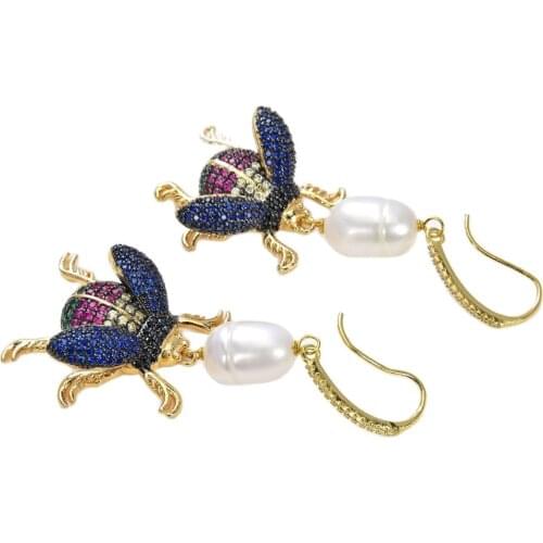GG Jewelry Natural Cultured White Rice freshwater Pearl Insect Cz Pave Hook Dangle Earrings vintage style for women