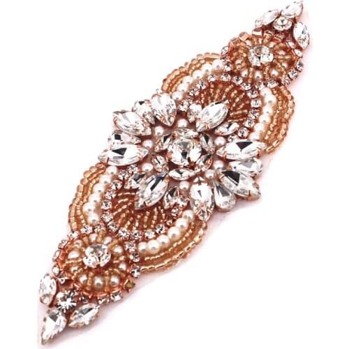 Rose Gold Beaded Crystals and Pearls Applique Hot Fix or Sew on Rhinestone Applique Belt for Bridal Sash