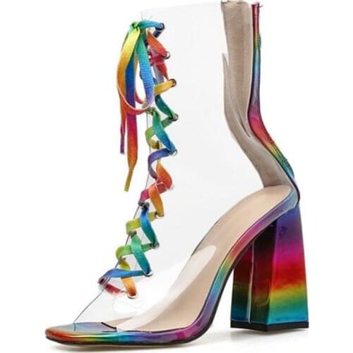 Womens Shoes summer PVC Lace Up Square heel 10cm Square Toe Ankle Strap Rainbow Strap Thick High Heel Roman Oversized Sandals