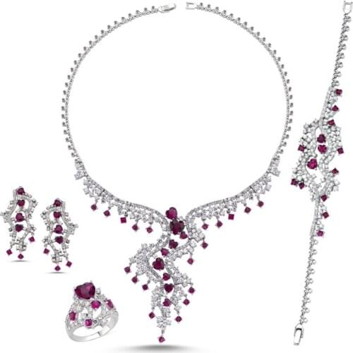 Silverlina Silver Pink Zircon Stone Necklace, Bracelet, Ring and Earrings Set