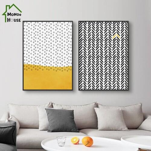 Modern Colorful Yellow Black Abstract Geometric Dots Canvas Painting Wall Art Poster Print Picture for Living Room Home Decor
