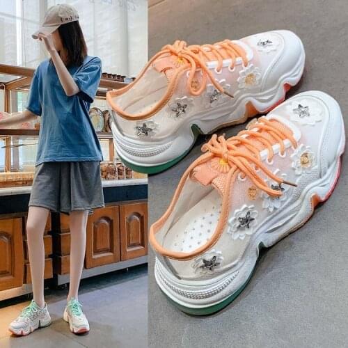 Rhinestone Jelly Bottom Dad Shoes Summer Lace Breathable Sports Casual Shoes Womens Platform Heightened Easy Wear Shoes