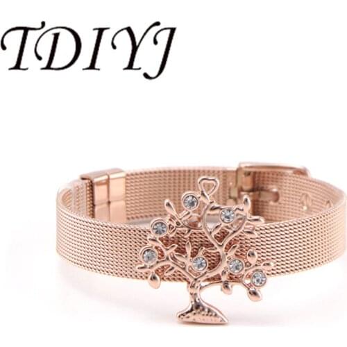TDIYJ Gift Rose Gold Tree With Crystal Life Stainless Steel Charms Mesh Bracelet For Women Jewelry 1Set