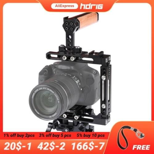 HDRIG Extension-type Half Camera Cage Kit with Manfrotto QRPlate 15mm Railblock Base Wooden Top Handle for Canon 5D Mark II Sony