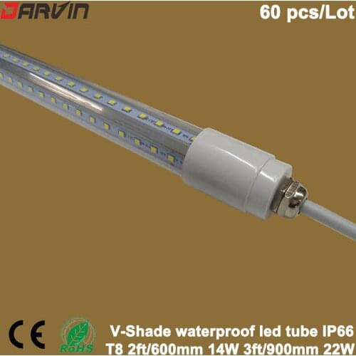 T8 Waterproof Led Tube 2ft 600mm 14W 3ft 900mm 22W IP65 V-Shade Waterproof Led Light Fluorescent Light Super Bright