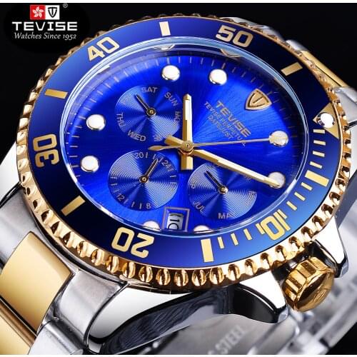 TEVISE Royal Navy Series Waterproof Automatic Mechanical Watch Blue Stainless Steel Luminous Sport Watch Date Fashion Wristwatch