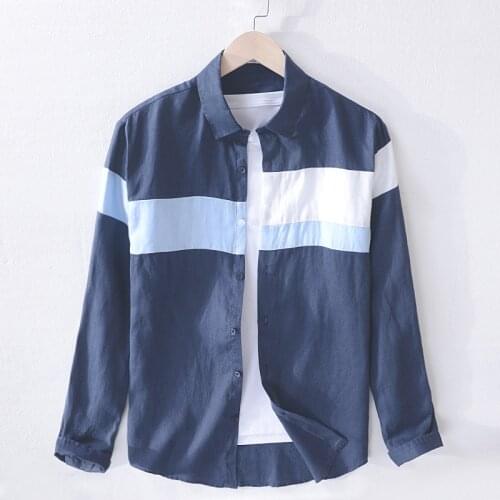 Japanese Fashion Men Shirts 2020 Long Sleeve Stitching Casual Tops 100%linen Turn-down Collar Retro Clothes