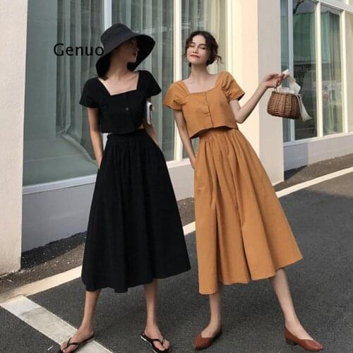 Two-Piece Skirt Summer New Korean Version of The Fairy Retro Western Solid Color Thin Suit Women