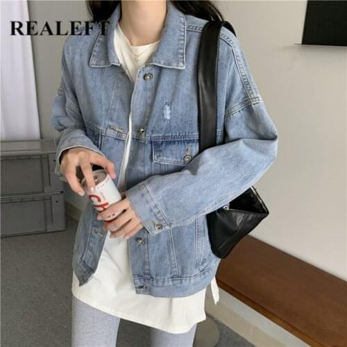 REALEFT New 2021 Autumn High Street Hole Womens Denim Jacket Blue Loose Outerwear Singel Breasted Casual Jeans Tops Female
