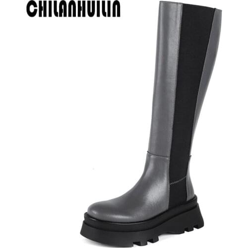 Brand design double-layer platform shoes women knee high boots genuine leather autumn winter woman thick heels warm snow boots