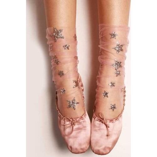 New Summer Star Glitter Tulle Socks Women Gauze Socks Korea Sexy Female Crystal Silk Ultrathin Lace Five-pointed Star socks gift