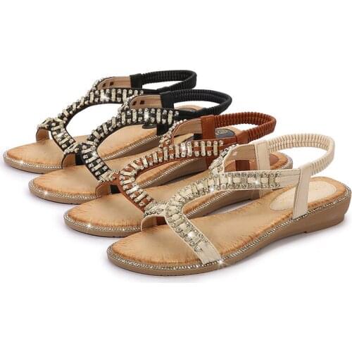 2021 Ethnic style gladiator Flats sandals women summer new arrival Comfortable Bohemia beaded Roman Beach shoes