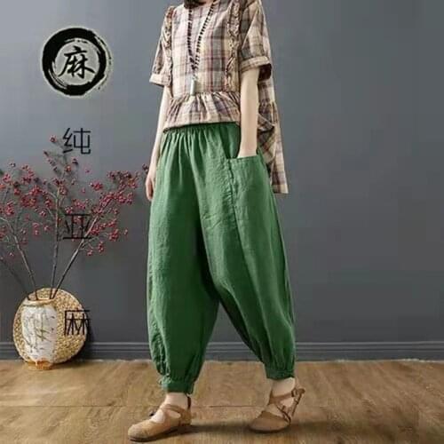 2021 New Arrival Summer Arts Style Women Casual Loose Elastic Waist Ankle-length Pants Cotton Linen Patchwork Harem Pants W395
