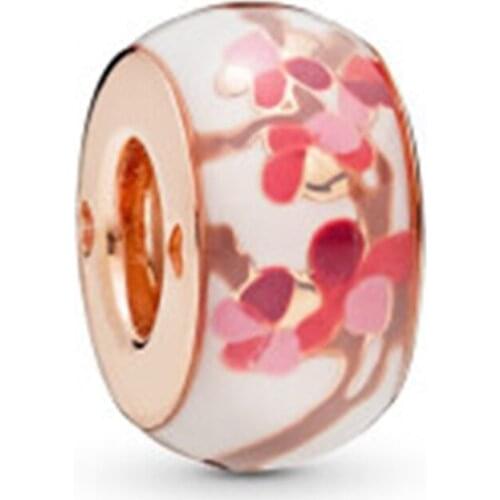 2019 NEW 100% 925 Sterling Silver Peach Blossom Flower Charm Rose Gold Glass Bead Fit European DIY Women Bracelet Jewelry Gift
