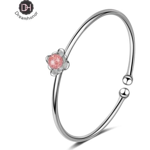 Dreamhonor 925 Sterling Silver Strawberry Quartz Flower Bangles Women Classic Handmade Silver Creative Open Cuff Bangles Jewelry