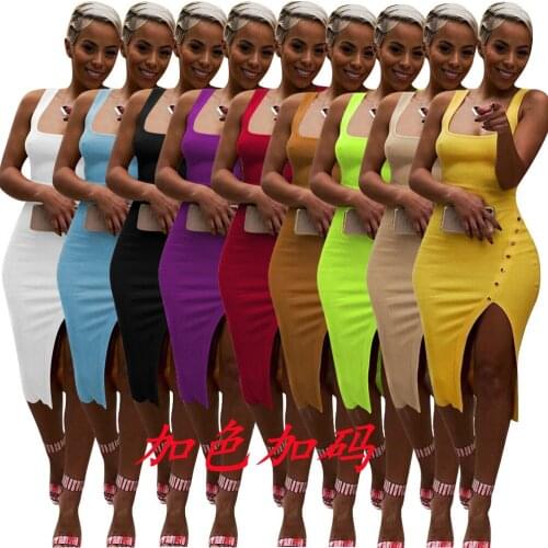 2021 women summer sleeveless side spit knitted bodycon midi tank dress knee length vintage sexy party dresses vestidos
