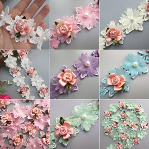 12X Pearl Rose Flower Embroidered Lace Trim Ribbon Fabric Handmade Sewing Craft For Costume Hat Shoes Hometextile Decor 6 Colors
