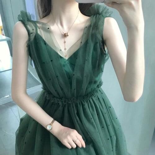 2021 Summer Mesh Sweet Elegant Sexy Dress Women Evening Party Long Dresses Korean Kawaii Sleeveless Green Dress Female Y807