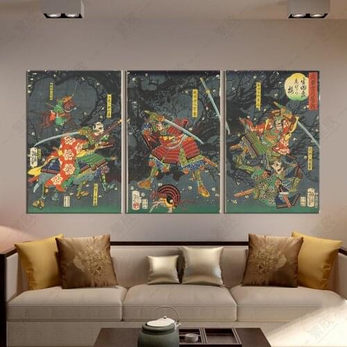 3pcs Ukiyo-e Japanese Samurai Vintage Japanese Style Art Print Canvas Wall Decor Poster Mural Wall Paintings Abstract Asian Art