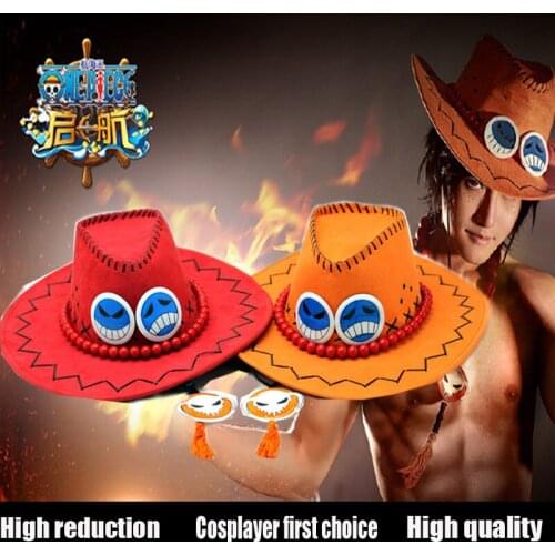 Ace One Piece Hat Anime Cosplay Cap Hats Toy Cartoon Hats Cowboy Hat Doll Red Orange Color to Choose Free shipping