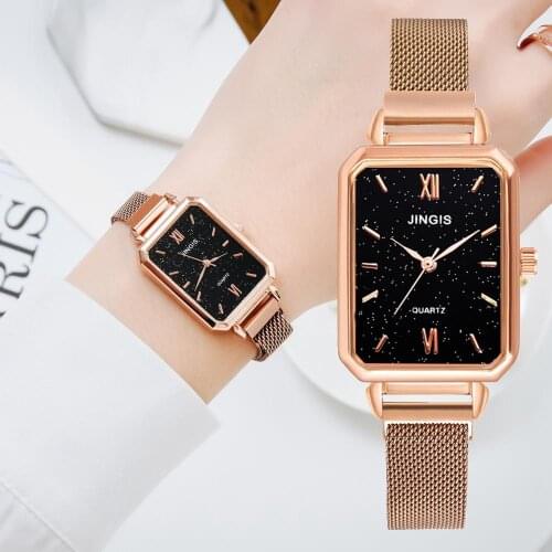 Fashion Women Watches Stainless Steel Square Mesh Belt Quartz Wrist Watch Ladies Dress Watch Classic Rose Gold Clock Casual