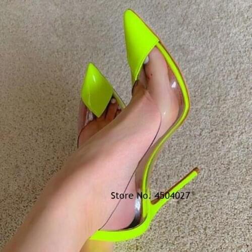 Fluorescent Green Patchwork High Heel Shoes Transparent PVC Dress Pumps Stiletto Heels Patent Leather Pointy Toe Footwear