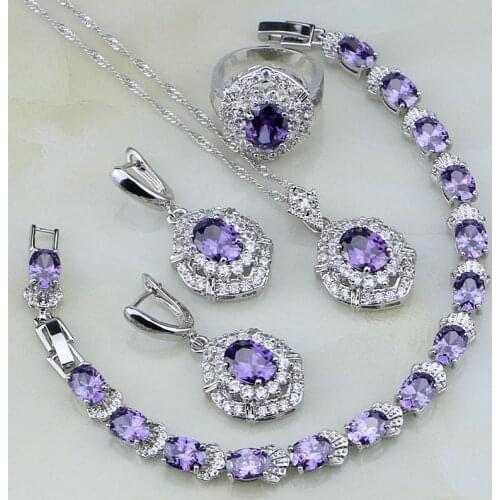 Purple Cubic Zirconia White Crystal 925 Sterling Silver Jewelry Sets For Women Wedding Earrings/Pendant/Necklace/Bracelet/Ring
