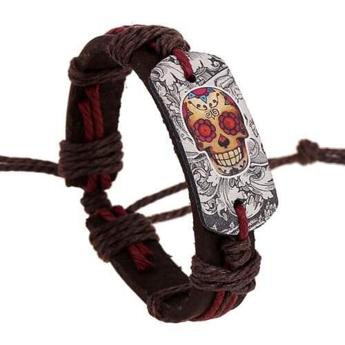 Fashion Men Bracelet Colorful Skull Braided Rope Leather Chain Bracelets Punk Rock Style Male Jewelry bijoux homme