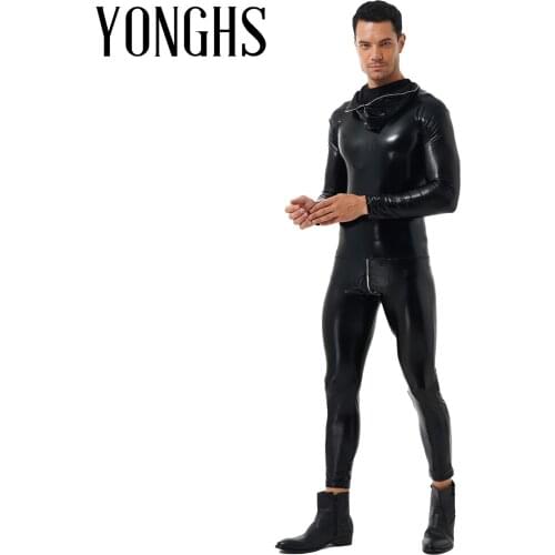 Mens Zipper Back Patent Leather Full Hooded Bodysuit Stretchy Skinny Jumpsuits Nightclub Stage Performance Role Play Costume